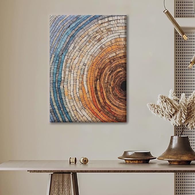 IBHJSART Framed Tree Ring Canvas Wall Art Vintage Colorful Wood Stump Painting Prints Modern Minimalist Pictures Neutral Nature Rustic Farmhouse Decor Living Room Bedroom Bathroom Office