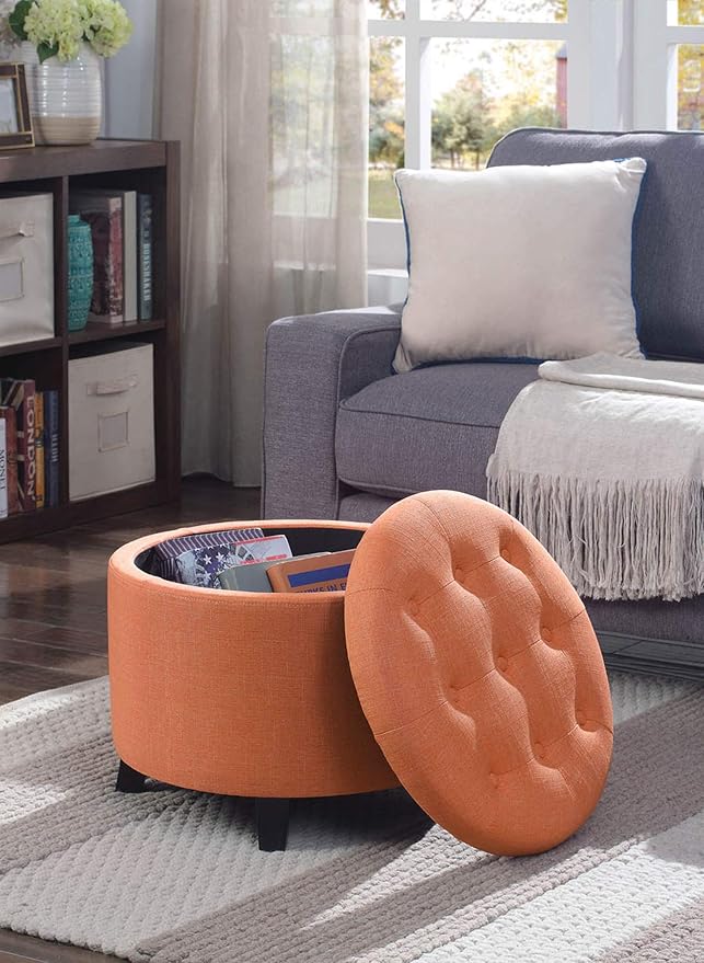 Convenience Concepts Designs4Comfort Round Storage Ottoman 19.75" - Versatile Contemporary Foot Stool for Living Room, Office, Coral Fabric