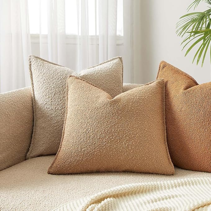 JUSPURBET 22x22 Pillow Covers Set of 2 Decorative Throw Pillow Covers Case for Couch Sofa Bed Soft Boucle Textured Cushion Covers with Hidden Zipper for Home Decor Living Room,Camel