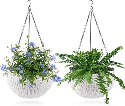 13.5 inch 2Pack Large Hanging Planters for Outdoor/Indoor Plants, Self Watering Hanging Pot with Water Level Indicato, Drainage Holes and Chain for Garden Porch, White