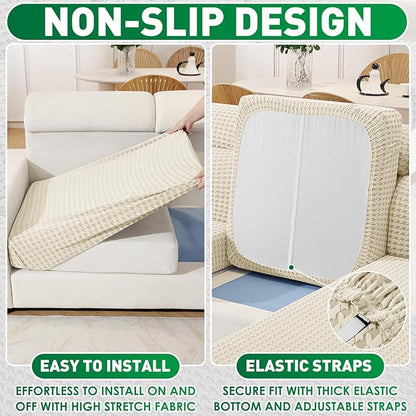 MAXIJIN Couch Cushion Covers for Sectional Sofa, Stretch Sofa Cushion Cover Washable Furniture Protector with Elastic Bottom & Non-Slip Strap for Pets Kids (3PC Seat Cover, Beige)