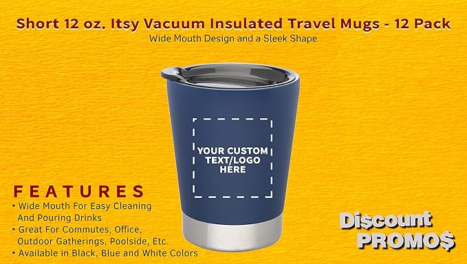 Personalized 12 oz. Itsy Vacuum Insulated Travel Mugs - 12 Pack - Custom Text, Logo - Blue