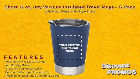 Personalized 12 oz. Itsy Vacuum Insulated Travel Mugs - 12 Pack - Custom Text, Logo - Blue