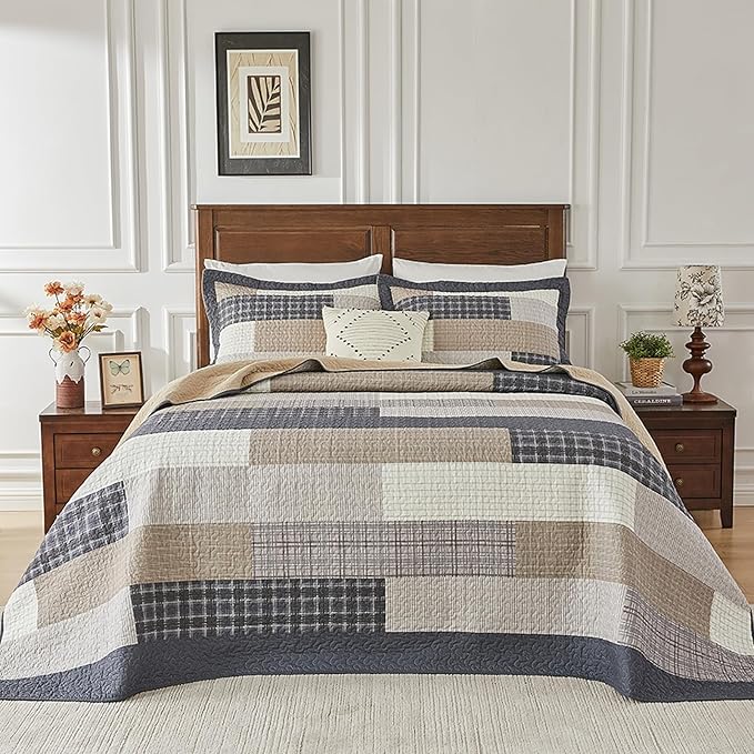 SahSahCasa 120"x102" 100% Cotton Oversized Queen Bedspread Coverlet Quilt Set, Patchwork Plaid Quilted Bedspread Extra Large Quilt, XL Bed Spread Lightweight Comforter, 3pc, Dark Slate Gray