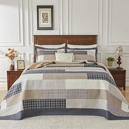 SahSahCasa 120"x102" 100% Cotton Oversized Queen Bedspread Coverlet Quilt Set, Patchwork Plaid Quilted Bedspread Extra Large Quilt, XL Bed Spread Lightweight Comforter, 3pc, Dark Slate Gray