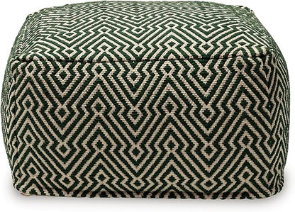 Signature Design by Ashley Abacy Casual Square Handwoven Pouf with Geometric Pattern, Green & Beige