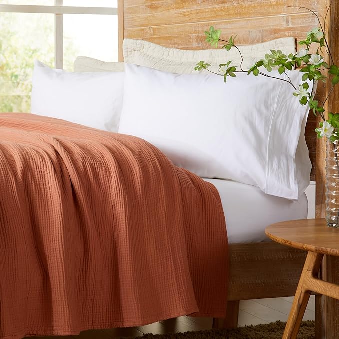 100% Cotton Muslin King Size Blanket | Soft, Breathable, and Lightweight Bed Blanket for All-Season | Perfect for Layering | Maria Collection (King, Rust)