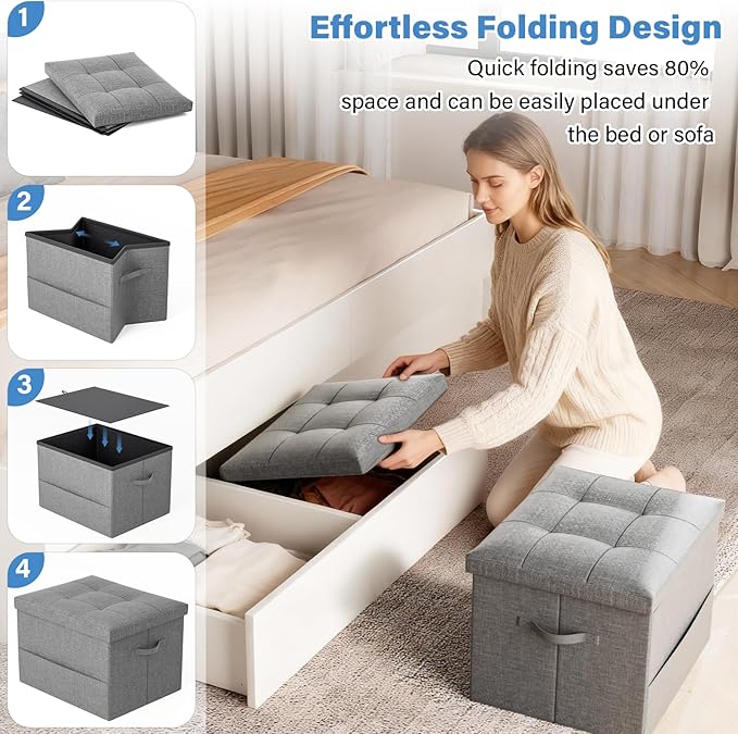 Storage Ottoman Foot Rest Stool, Foldable Footstool Storage Bench with Thicker Foam Padded Seat,Foot Rest Stool, 43L Ottoman with Bench, Holds Up to 350lbs, 17x13x13in,Drak Gray