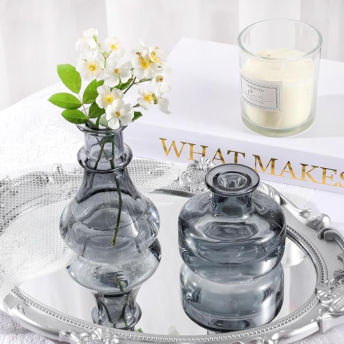 Black Gray Glass Bud Vase, 10Pcs/Set Modern Decorative Small Mini Flowers Vases, Minimalist Aesthetic Home Decor Vintage Wedding Table Centerpieces for Single Flower Rose
