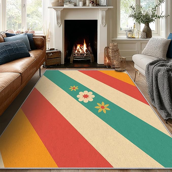 Mid Century Rug 3x5 Retro Abstract Geometric Pattern, Washable Living Room Bedroom Area Rugs, Mid Century Decor for Home, Soft Non Slip Indoor Carpet, Low Pile Design & G882