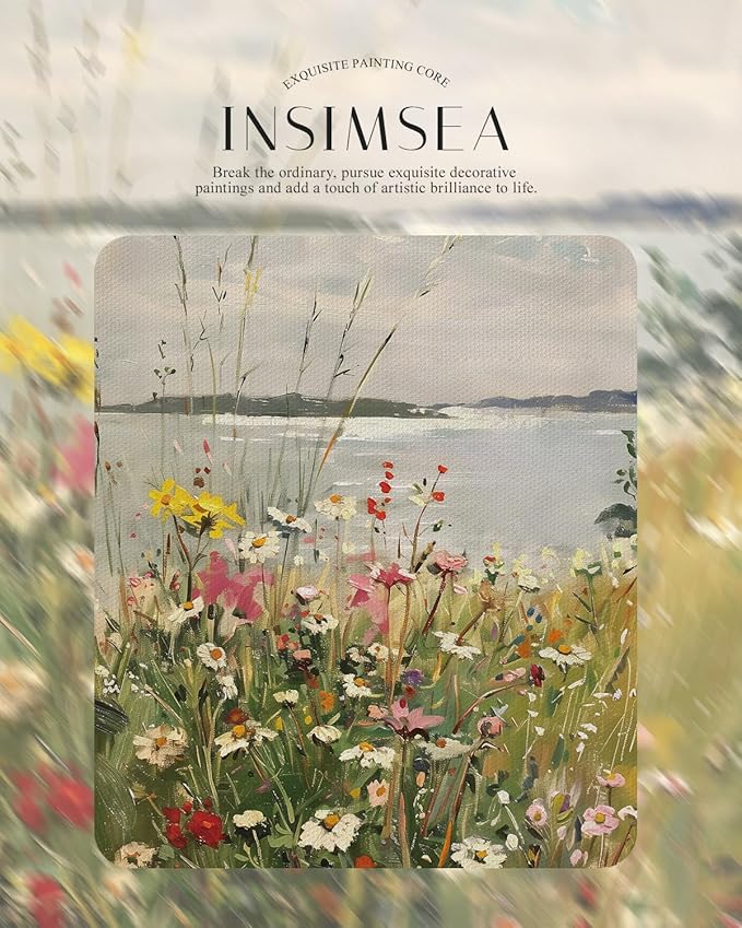 InSimSea Gold Framed Canvas Wall Art Room Decor Vintage Wildflower Field Landscape Decor Classical Floral Oil Painting Canvas Prints Coastal Flower Wall Decor for Living Room Bathroom Bedroom 11x14in