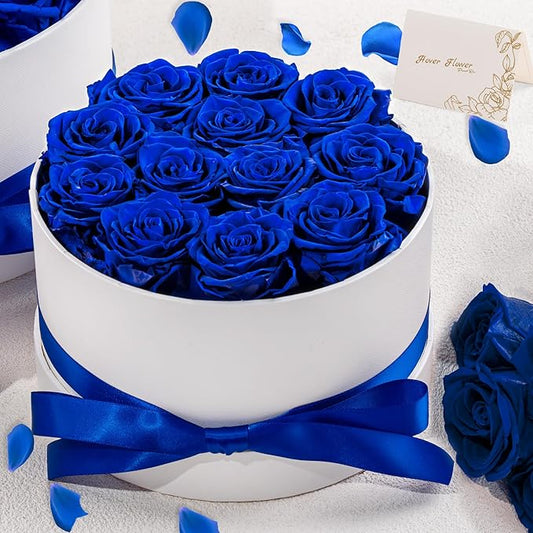 Preserved Roses in a Box, Blooming Real Roses Decor, Eternal Flowers for Delivery Prime, Best Gifts Birthday, Wedding, Anniversary, Mother's Day for Her, 12-Pieces (Blue)