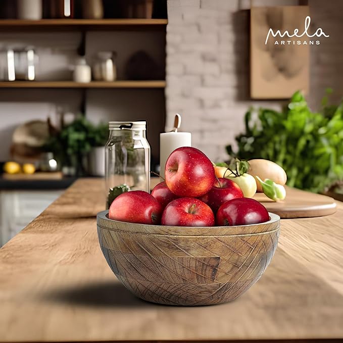 Mela Artisans Wooden Fruit Bowl | Light Burnt Finish | 9” Decorative Mango Wood Serving Bowl | Multipurpose for Kitchen Countertop | Salad | Dessert | Snacks | Breads & More | Natural Grain Pattern