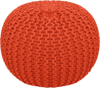 COTTON CRAFT Round Pouf - Hand Knitted Cotton Braid Cord Cable Dori Ottoman - Foot Stool Floor Pouf Footrest Accent Seat Furniture Bean Bag - Living Room Kids Room Nursery Dorm Décor - 20x14 - Orange