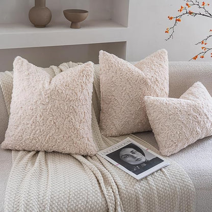 Neelvin Set of 2 Faux Fur Throw Pillow Covers 22x22 Inch Beige Cozy Soft Solid Decorative Pillowcases Thick Plush Sheepskin Cushion Case for Chair and Couch Sofa Bedroom