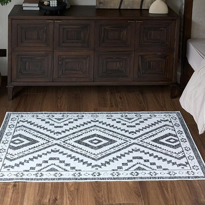 Moroccan Washable Area Rug 3x5, Geometric Tribal Decorative Woven Rug, Non-Slip Boho Farmhouse Soft Low-Pile Entry Throw Mat for Living Room Bedroom Dining Table, Black and White
