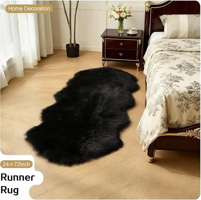 Black Samll Faux Fur Sheepskin Area Rug for Living Room Bedroom, 2 x 3 Feet Ultra Soft Shaggy Fuzzy Furry Carpet Chair Throw Rugs for Kids, Girls, Nursery Room Decor Dorms