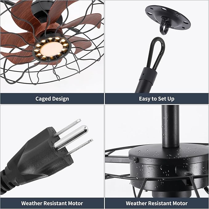 20" Outdoor Ceiling Fan with Light, With Remote and App Remote, IP65 Waterproof Gazebo Hanging Fan, 3CCT Dimmable, Portable Plug in Ceiling Fan with Cord Hook for Patio Porch Pergola Indoor(Black)