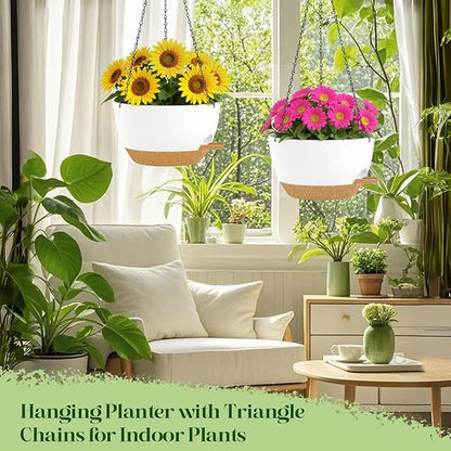 10 Inch Hanging Planters with Chains 2 Pack Self Watering White Brown Plastic Hanging Pots for Indoor Outdoor Plants, Garden Porch Home Decor (White Brown)