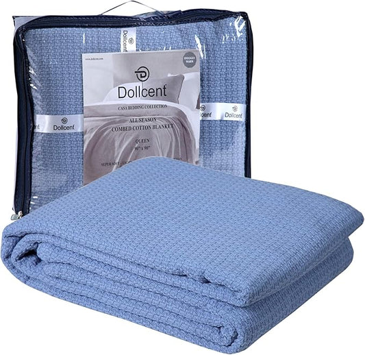 DOLLCENT 100% Cotton California King Size Blanket For Bed, Premium Combed Lightweight Blankets, Washed Breathable Cozy Bed Throw Blanket, Blue Cal King Cotton Blankets For All Season: Blue (102"x108")