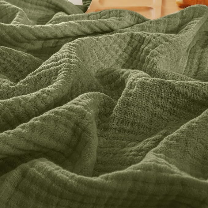 PHF 100% Cotton Muslin Blanket Queen Size 90"x90", 4-Layer Lightweight Gauze Throw, Breathable Cloud-Soft Minimalist Blanket for Bed, Couch, Camping & Baby, Olive Green, Ideal Gift