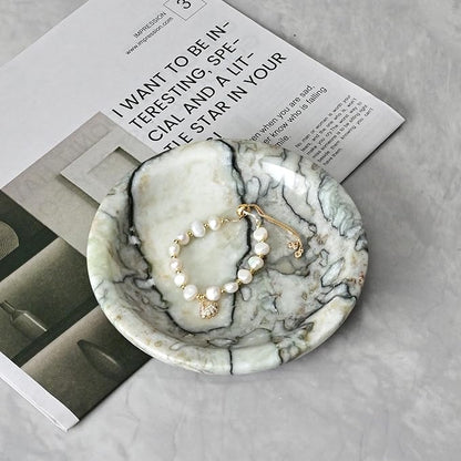 ZSHAWN Natural Cold Emerald Marble Ring Dish Jewelry Tray – 5.5" Trinket Dish for Rings Earrings Necklace, Scratch-Resistant Vanity Organizer, Elegant Gift for Women