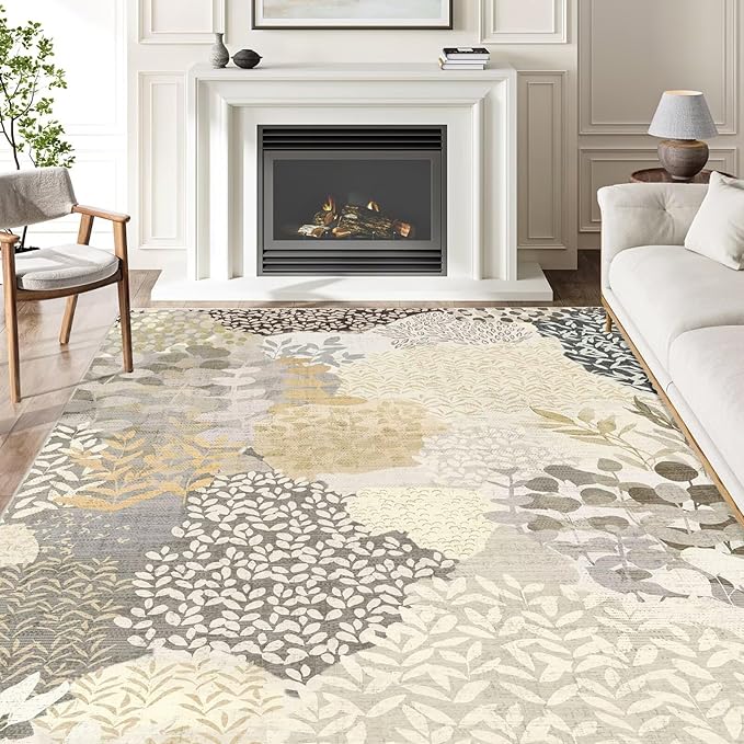 DEXDE 5x7 Area Rugs, Washable Non-Slip Abstract Boho Soft Rug for Living Room Bedroom,Leaves Floral Print Large Carpet for Entryway Playroom Office, Gray