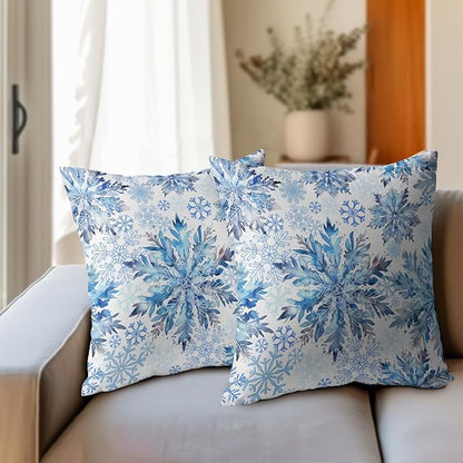 Christmas Pillow Covers 22x22 Set of 2 Decorations Blue White Snowflakes Throw Pillow Covers Decorative Vintage Winter Pillow Case Farmhouse Rustic Pillowcases Cozy Soft for Sofa Bed Chair Home Decor