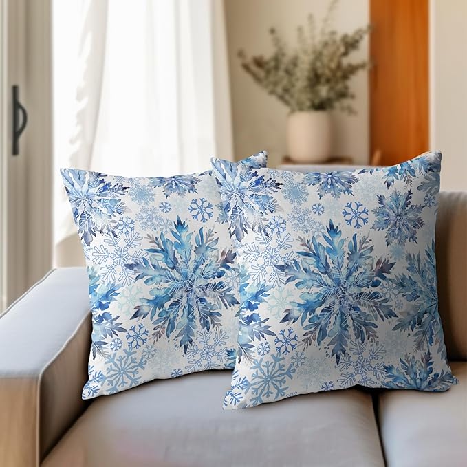 Christmas Pillow Covers 20x20 Set of 2 Decorations Blue White Snowflakes Throw Pillow Covers Decorative Vintage Winter Pillow Case Farmhouse Rustic Pillowcases Cozy Soft for Sofa Bed Chair Home Decor