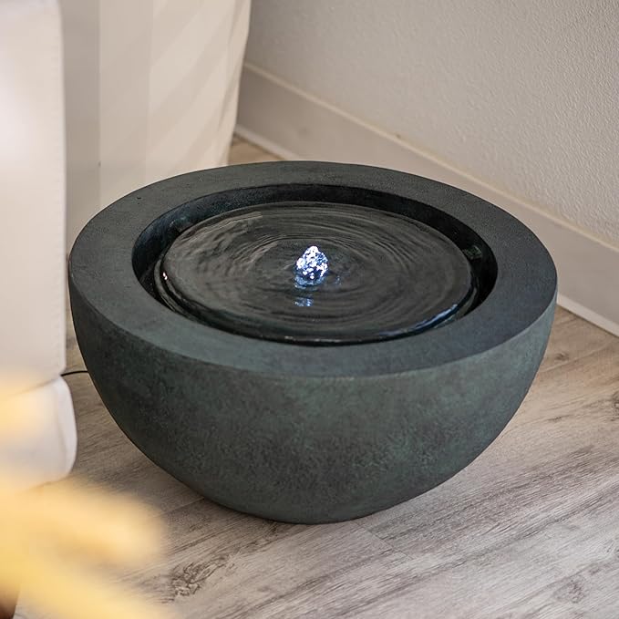Xbrand 19.8" W Round Polyresin Indoor/Outdoor Sphere Fountain w/LED Light, Dark Green