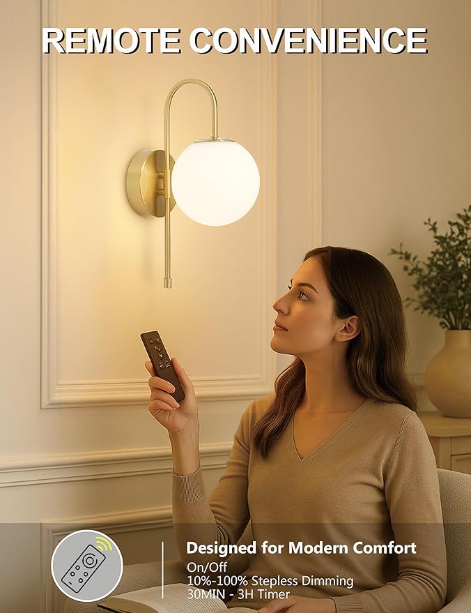 Battery Operated Globe Wall Sconces Set of 2, Wireless Gold Wall Lights with Remote Control, Rechargeable 3 Color Stepless Dimming Gooseneck Wall Decor Lamp for Bedroom Living Room Hallway