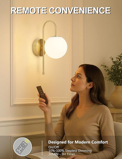 Battery Operated Globe Wall Sconces Set of 2, Wireless Gold Wall Lights with Remote Control, Rechargeable 3 Color Stepless Dimming Gooseneck Wall Decor Lamp for Bedroom Living Room Hallway