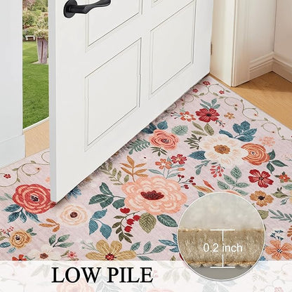 DUKINO Runner Rug, 2.6x8 Kitchen Runner Rug for Hallway with Non Slip Backing, Washable Low Pile Soft Boho Floral Carpet for Hallway, Kitchen, Entryway, Laundry, Bedroom, Beige