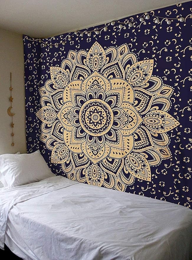 Rajsee Blue Gold Mandala Tapestry - Bedroom Aesthetic - Indie Boho Trippy Large Wall Hanging - 82x92 Inches