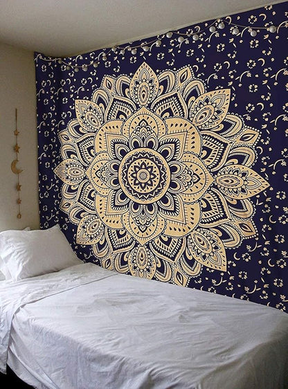 Rajsee Blue Gold Mandala Tapestry - Bedroom Aesthetic - Indie Boho Trippy Large Wall Hanging - 82x92 Inches