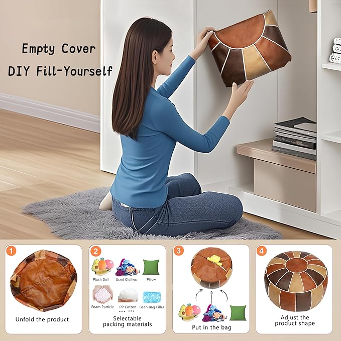 Thgonwid Unstuffed Moroccan Storage Pouf Foot Stool Ottoman Seat Handmade Faux Leather Bean Bag Floor Chair Foot Rest for Living Room, Bedroom or Balcony (Multi Color)