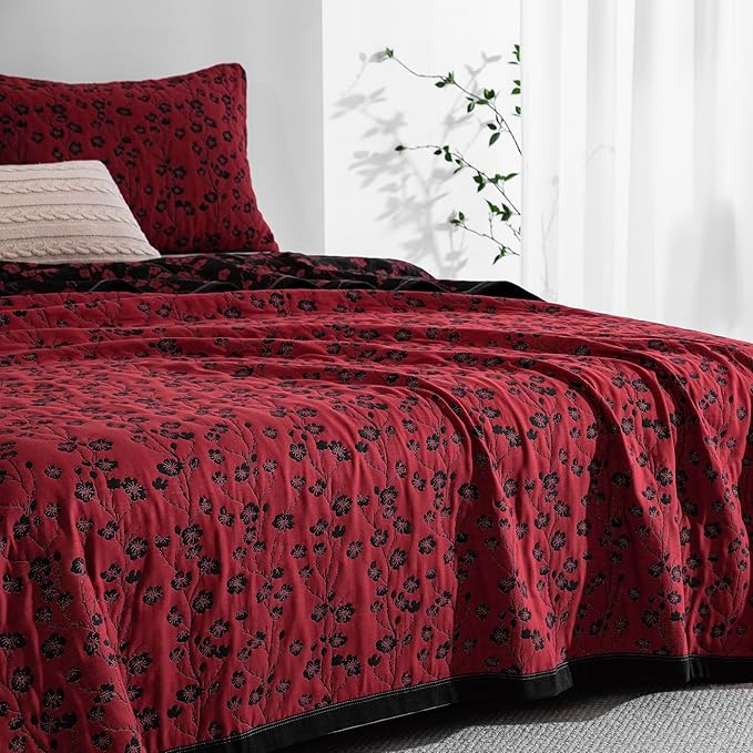 100% Cotton Muslin Jacquard 3 Piece Quilt Set Floral Plum Blossom Print, Soft 3 Layers Gauze Bed Cover Reversible Bedspread Coverlet Breathable Lightweight Bedding Set, Queen