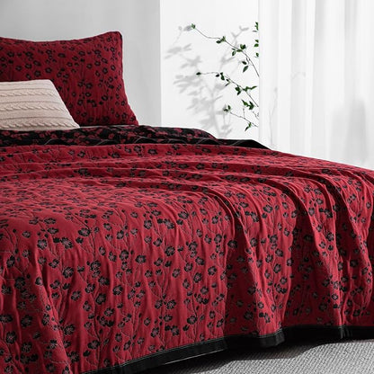 100% Cotton Muslin Jacquard 2 Piece Quilt Set Floral Plum Blossom Print, Soft 3 Layers Gauze Bed Cover Reversible Bedspread Coverlet Breathable Lightweight Bedding Set, Twin