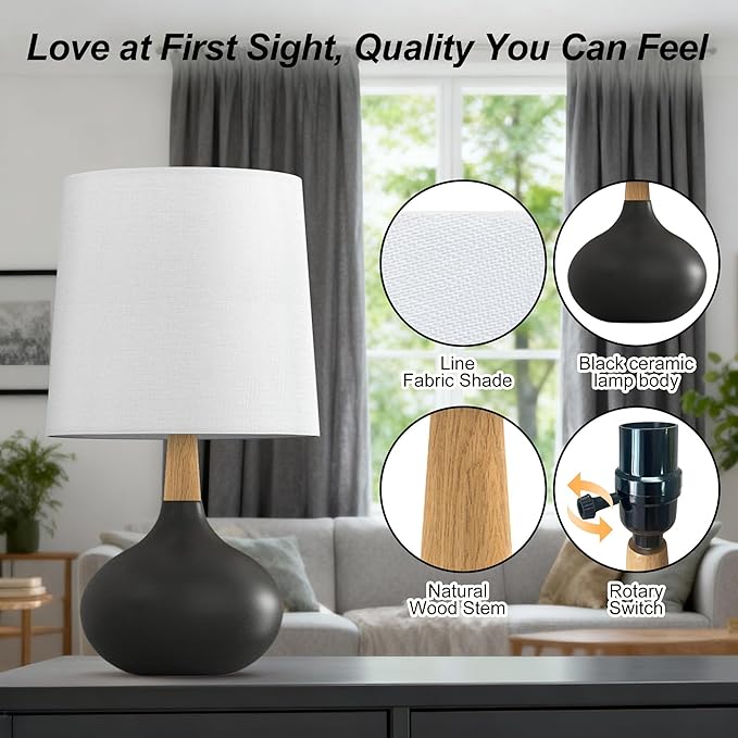 14" Ceramic Table Lamp Set of 2 with Natural Wood Stem & Linen Shade for Bedroom Decor,Modern Farmhouse Small Bedside Lamp for Nightstand, Living Room & Office (Black)