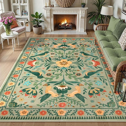 Moynesa Green Washable 8x10 Area Rugs for Living Room Bedroom Dining Room, Modern Farmhouse Country Floral Bird Print Pattern Medallion Carpet, Aesthetic Home Decorations Open Floor Areas Protection