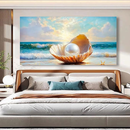 Seashells Pearls Pictures Canvas Wall Art Living Room Office Bedroom Wall Decor Sea Landscape Wall Art Prints Modern Blue and White Landscape Artwork Waterproof Ready to Hang - 20x40 inches