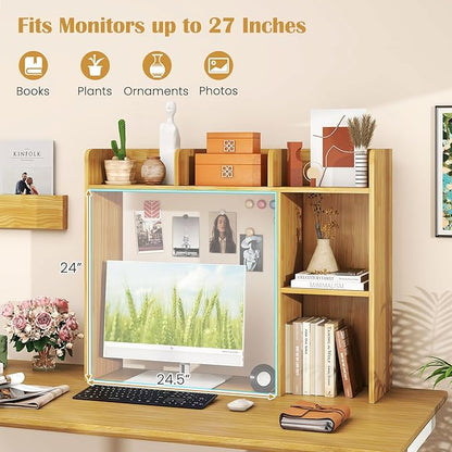 Desktop Bookshelf, 3-Tier Wood Countertop Bookcase with 5 Shelves, Desk Hutch for College Dorm, Multipurpose Desk Organizer Shelf Display Rack for Home Office, Hutch Top Only