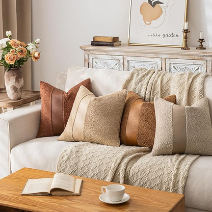 22"x22" Tobacco Boucle Pillow Covers with Faux Leather Accents Set of 2 Fluffy Textured Decorative Throw Pillow Cases for Couch Bed Boho Farmhouse Square Cushion Covers for Home Décor