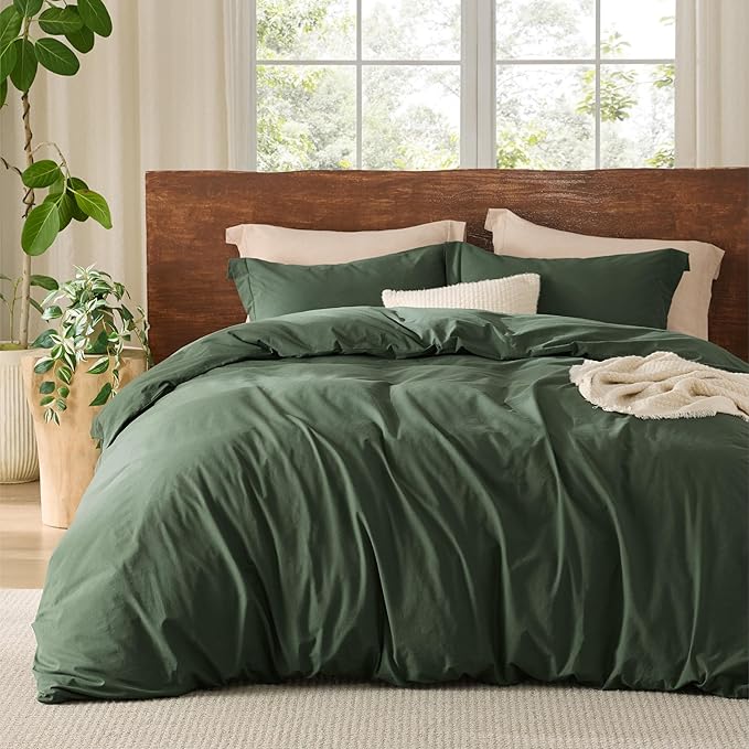 Bedsure 100% Washed Cotton Duvet Cover King Size - Olive Green Minimalist Cotton Duvet Cover Linen Like for All Seasons - GentleSoft™ Plain Simple Bedding (Olive Green, King, 104"x90")