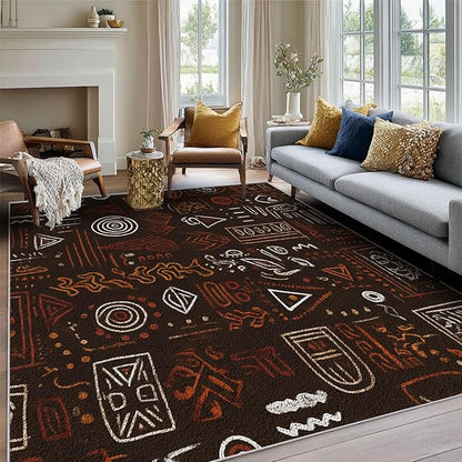 Boho Rug, 8x8 Area Rugs Europe Tribal Ethnic Abstract Pattern for Living Room, Bedroom, Boho Home Decor Accessories Indoor Carpet, Non Slip & Machine Washable