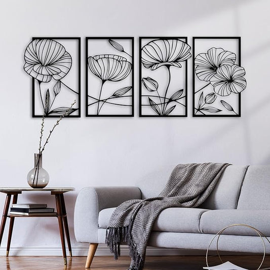 ESTART 4 Pieces Metal Lotus Wall Decor Abstract Floral Aesthetic Splicing Line Art Minimalist Wall Decor for Bedroom Flowers Hanging Wall Sculpture for Living Room Kitchen Office Yoga Room (Black)