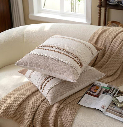 Boho Throw Pillow Covers 20x20 Inch Set of 2, Brown Textured Decorative Couch Pillow Cases for Farmhouse Home Decor, Accent Cushion Cover for Sofa, Bed, Living Room, Bedroom