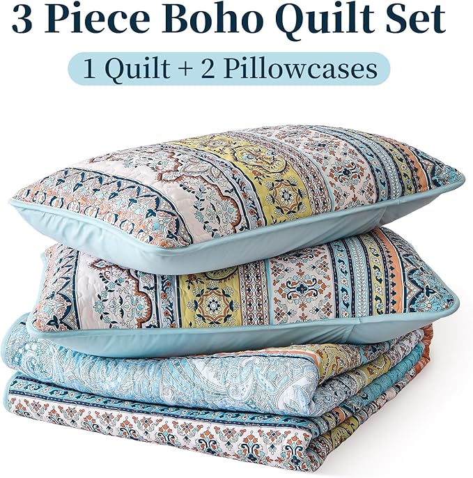 WONGS BEDDING Boho King Quilt Set, Pink and Blue Bohemian Quilt Bedding Set, Lightweight Bed Decor Bedspread for All Season Reversible Microfiber Coverlet Bedding Set 103"x90"(3 Pieces)