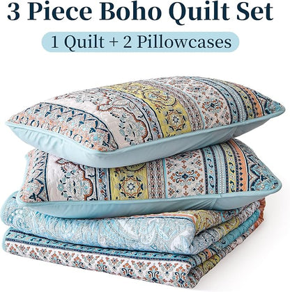 WONGS BEDDING Boho King Quilt Set, Pink and Blue Bohemian Quilt Bedding Set, Lightweight Bed Decor Bedspread for All Season Reversible Microfiber Coverlet Bedding Set 103"x90"(3 Pieces)