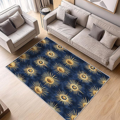 Sun Rug for Kids Room - Abstract Sun Rug, 4x7 Rug, Minimalist Boho Area Rug & Room Decor, Gold Navy Blue Carpet & Home Decor, Washable Non Slip Anti Skid Rugs
